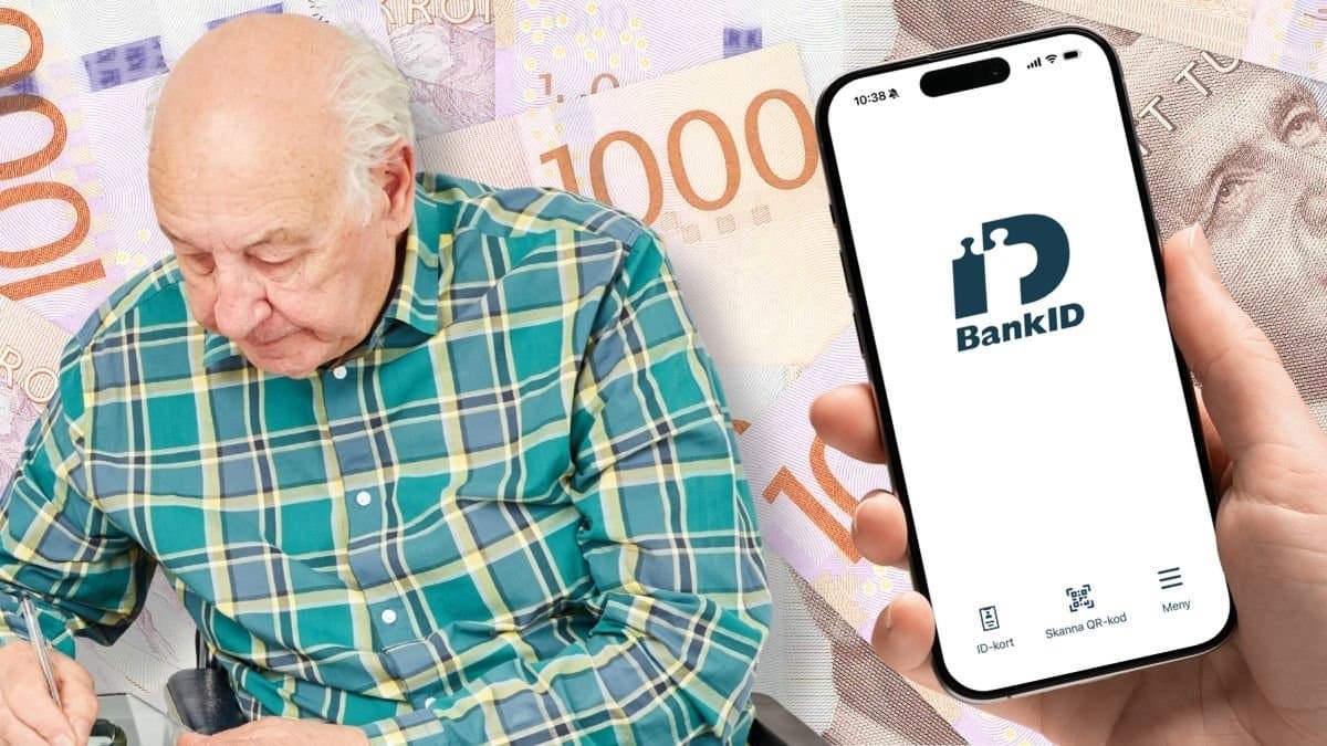 Äldre man skriver på papper, svenska tusenlappar och BankID-appen i en mobil