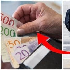 En plånbok och ett par pensionärer som håller handen. 