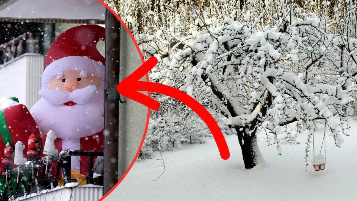 Tomte på balkong och snöigt träd