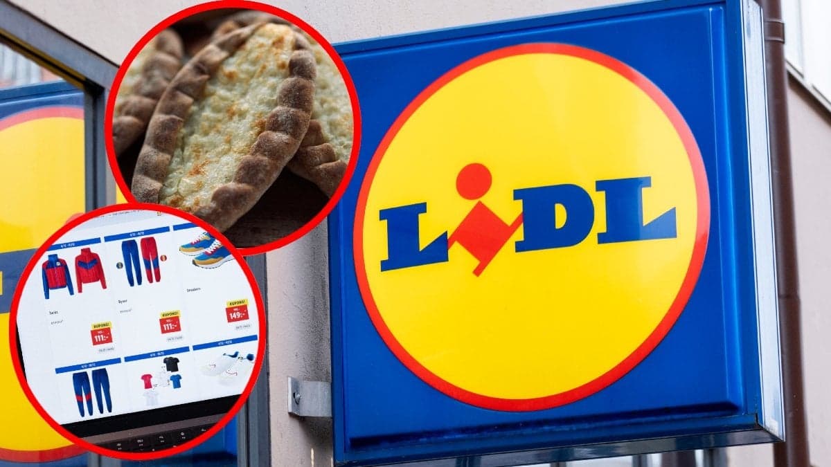 Bilder på Lidl-skylt och finska piroger och Lidl-kläder.