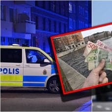 Genrebild på en polisbil, polisman och sedlar.