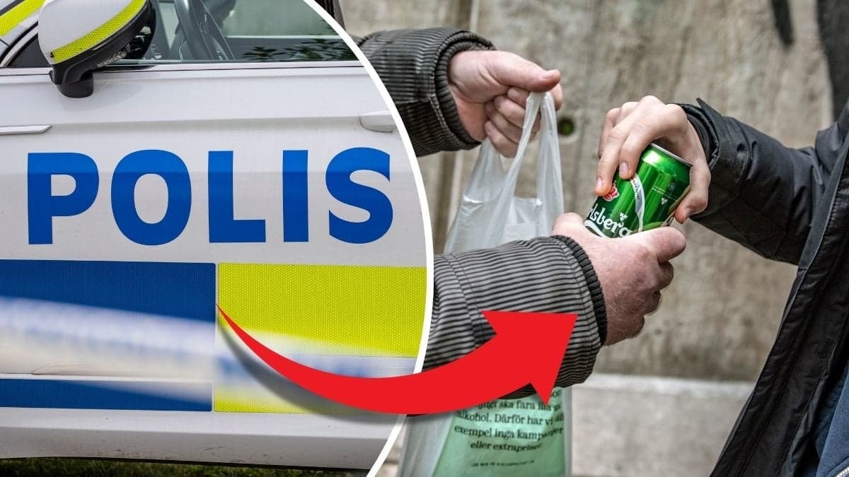 Polisbil till vänster. Ungdom som köper alkohol till höger. Röd pil pekar från polisbild till ungdomarna som köper alkohol.