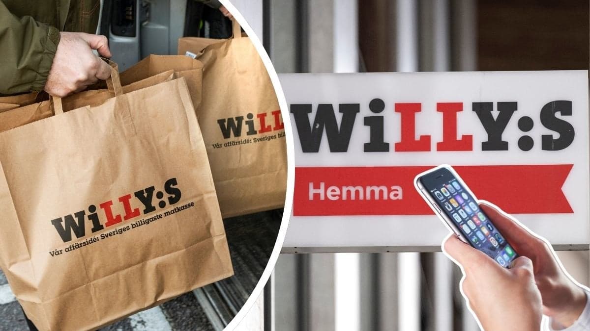 Bilder på Willys-kassar en Willys-skylt och en mobil.