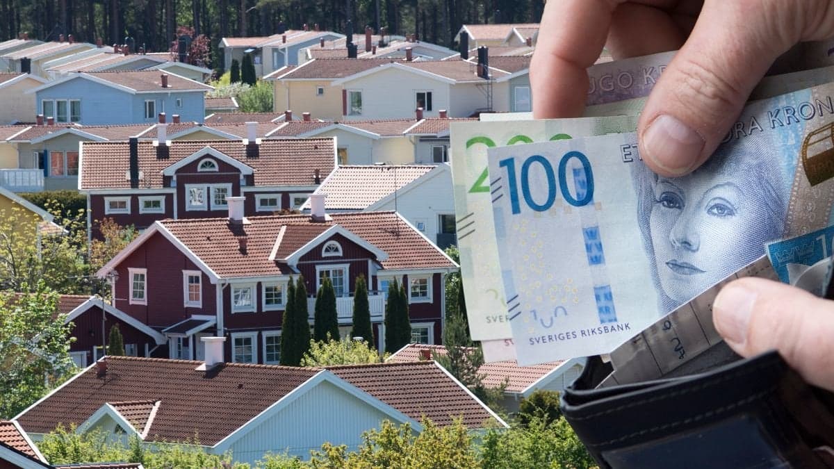 Villaområde och en plånbok med sedlar i.