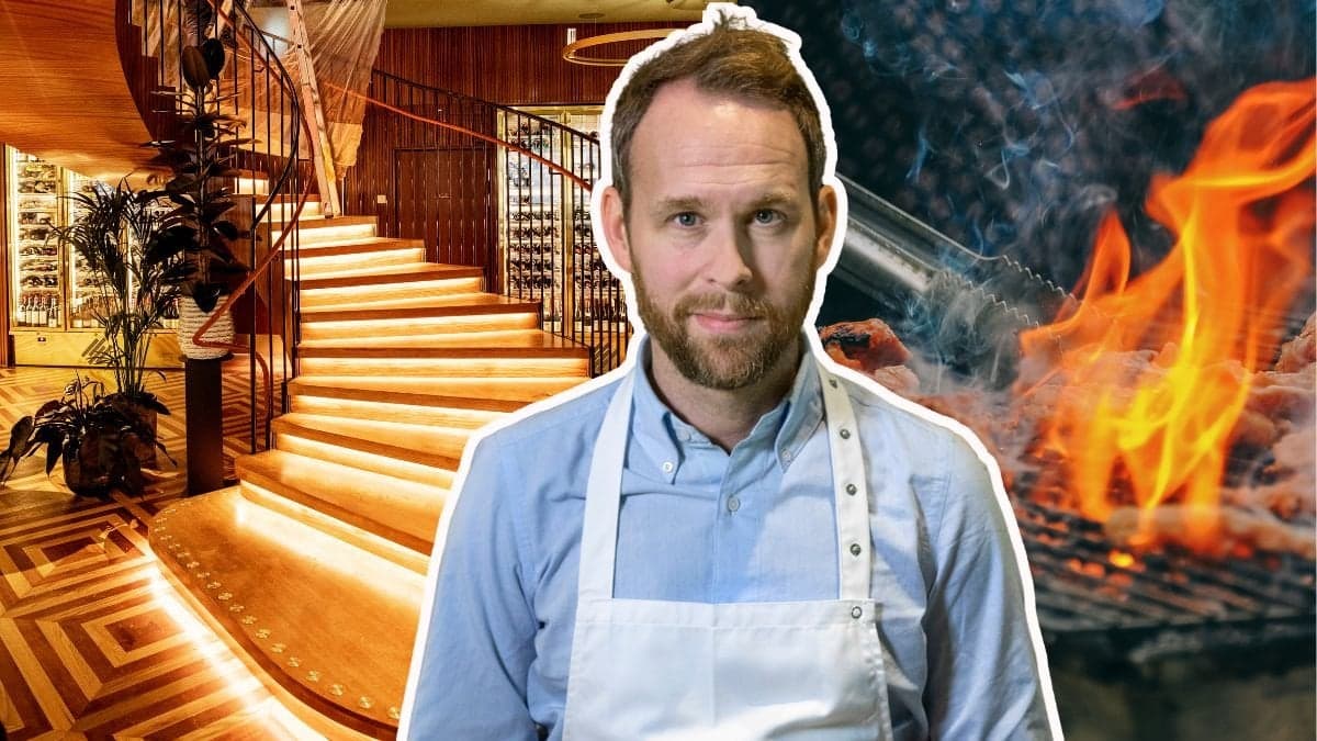 Bilder på Björn Frantzén hans restaurang och en grill med kött.
