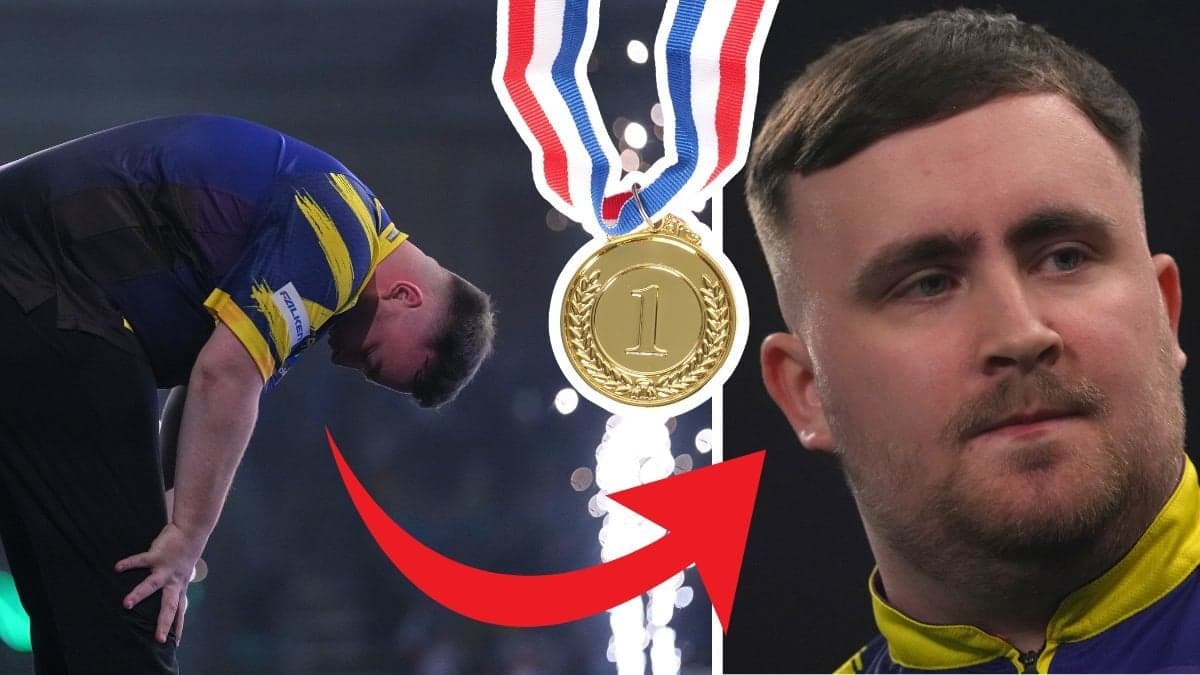 Luke Littler vid vinsten till vänster. Närbild på Luke Littler höger. En utklippt guldmedalj i mitten övre. En röd pil pekar på närbilden av Luke Littler.