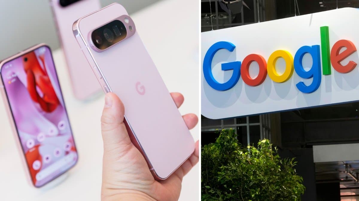 Bild på Googles logga och en mobiltelefon.