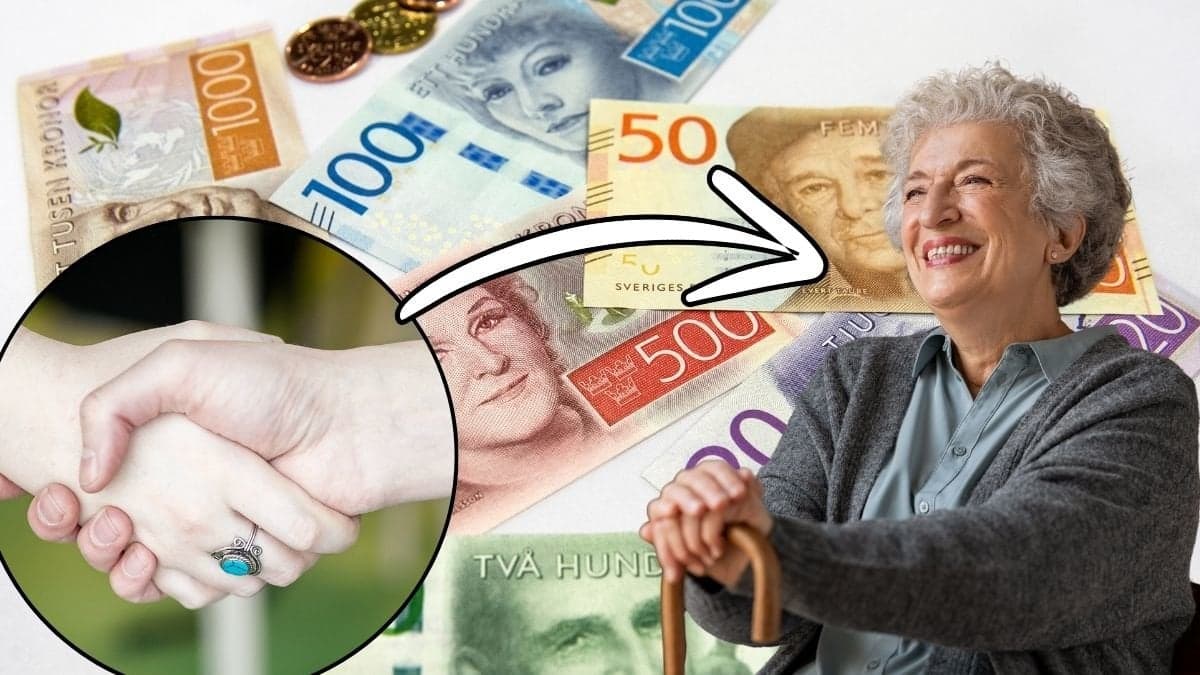 Handskakning, pengar och en glad kvinna med käpp.