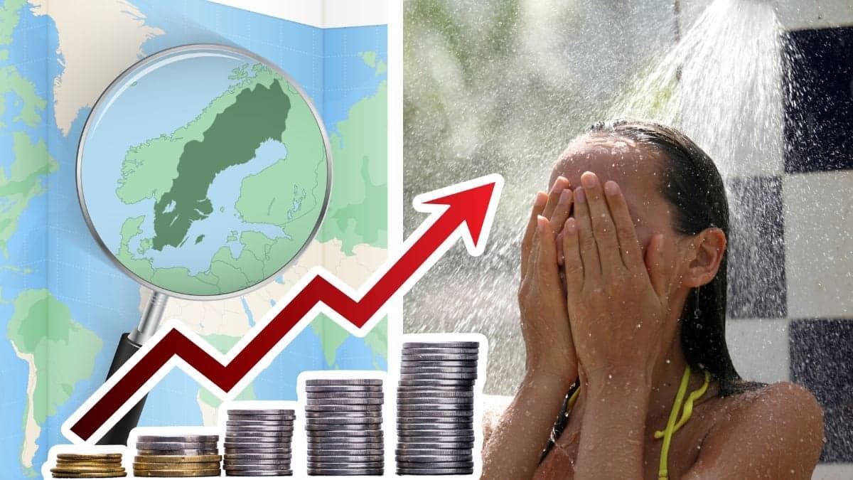 Förstoringsglas över en Sverigekarta vänster. En kvinna i en dusch höger. Mynt med en uppgående graf utklippt vänster.