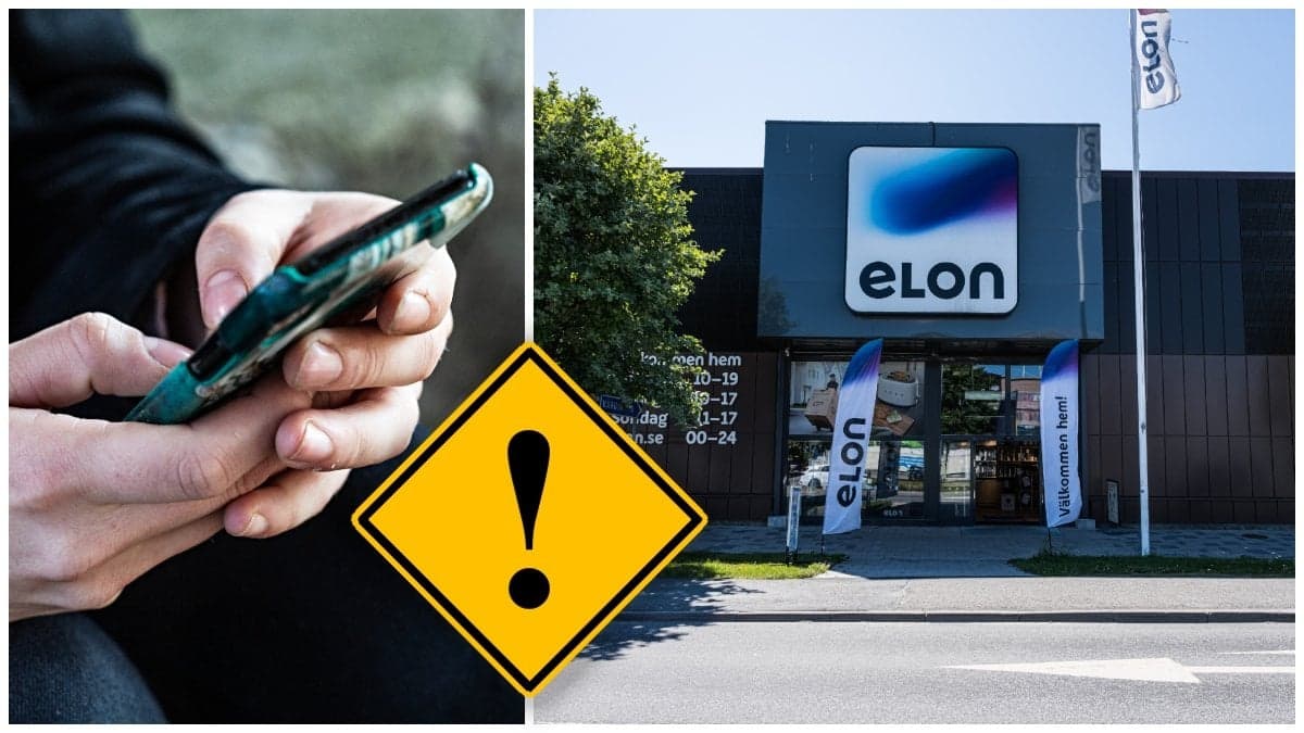 Händer som håller en mobiltelefon och entrén till en Elon-butik