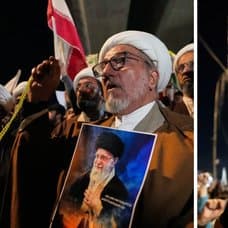 man håller en bild på Ayatollah Ali Khamenei till vänster. En ritad bild på Ayatollah Ali Khamenei till höger.