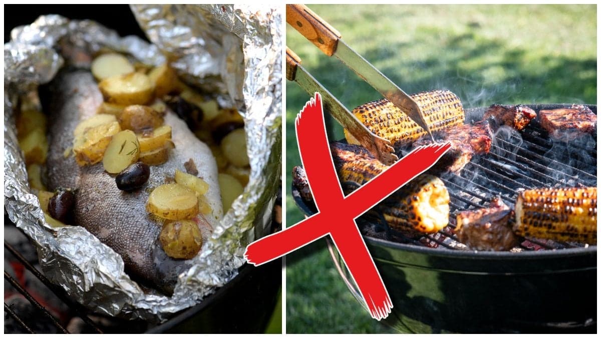 Grilla fisk och grilla kött på en grill.