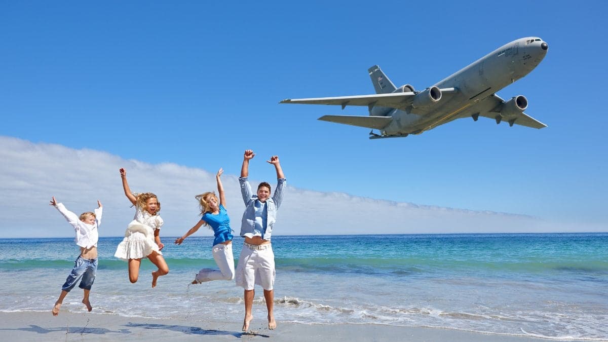 Familj, hav, flygplan, strand