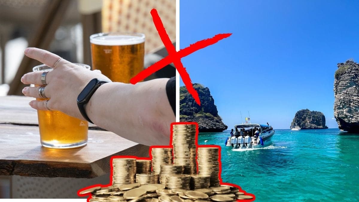 Öl till vänster. Pengahög och kryss i mitten. Thailand till höger.