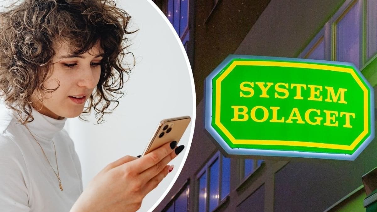 Kvinna med mobiltelefon och Systembolaget-skylt