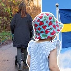 Förälder med barnvagn, litet barn, svenska flaggan och en spargris.