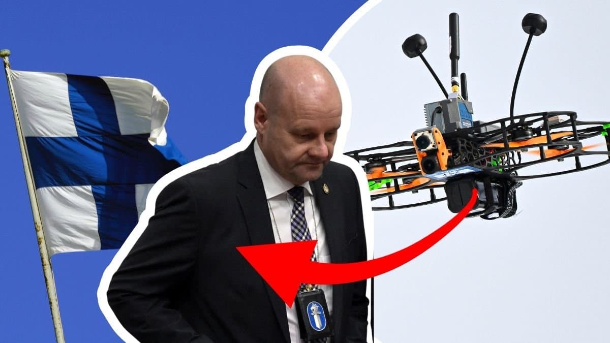 Finlands flagga vänster. ​Risto Lohi i mitten. Drönare höger.