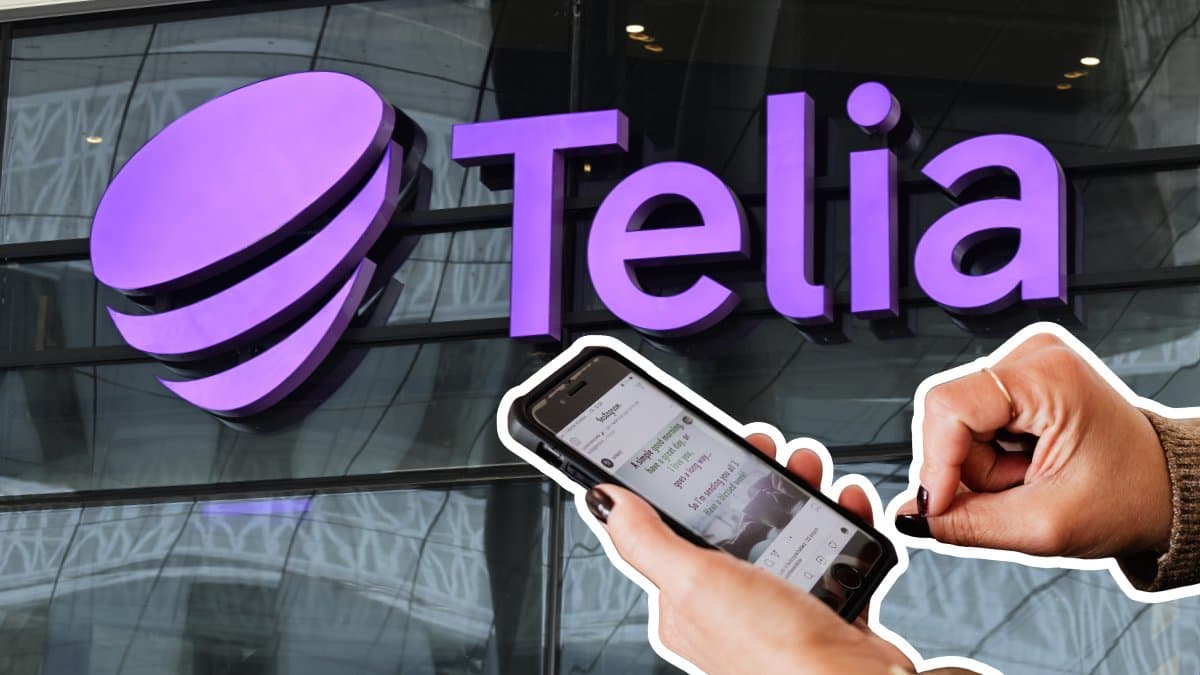 Telia-skylt i bakgrunden. Bild på händer som håller i en mobil till höger.