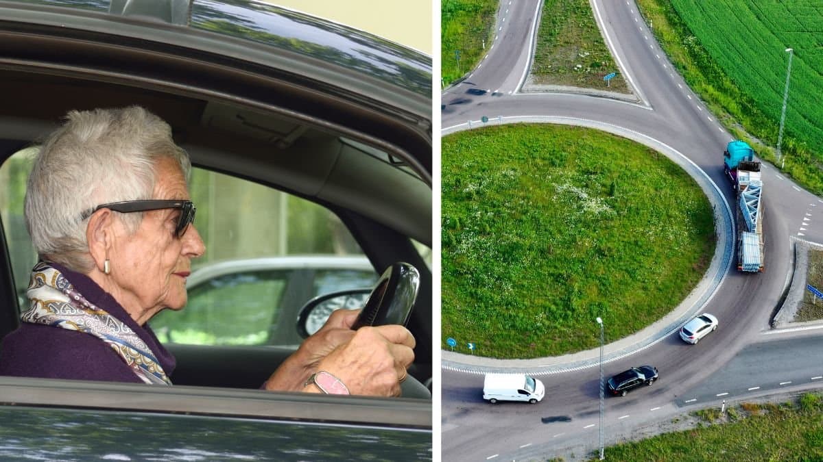 Äldre dam kör bil och en rondell.