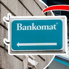 Bankomat-skylt och person som stoppar in kortet i en uttagsautomat