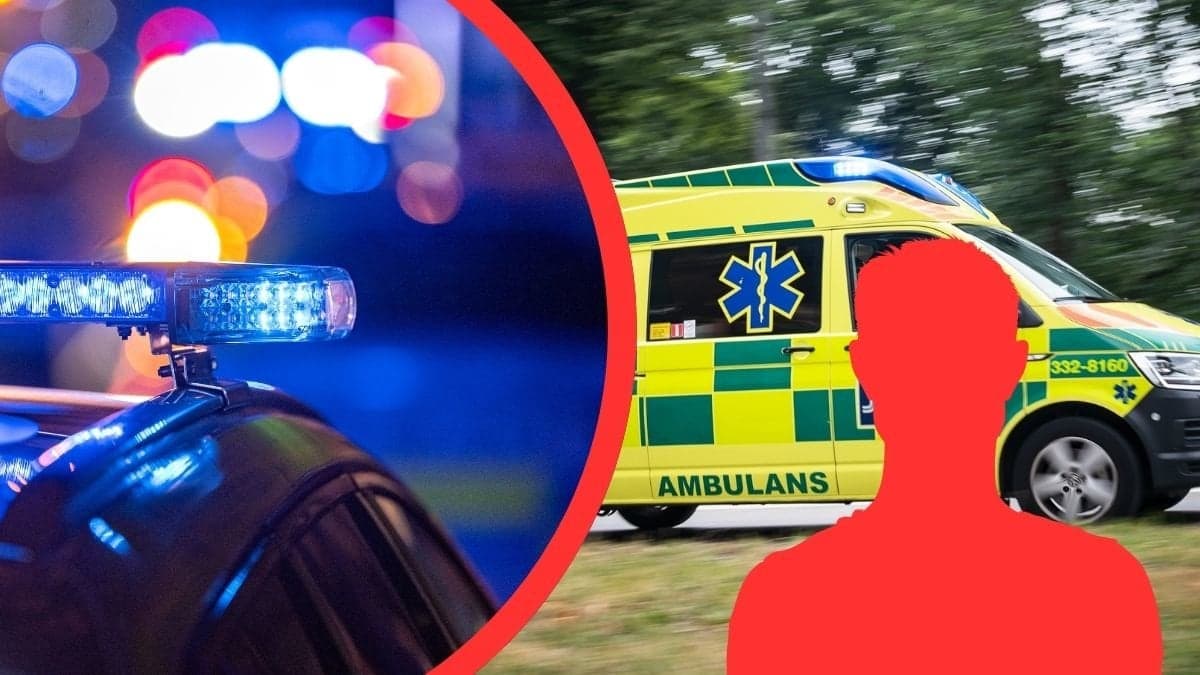 Blåljus vänster, ambulans höger. Röd siluett av en man till höger.