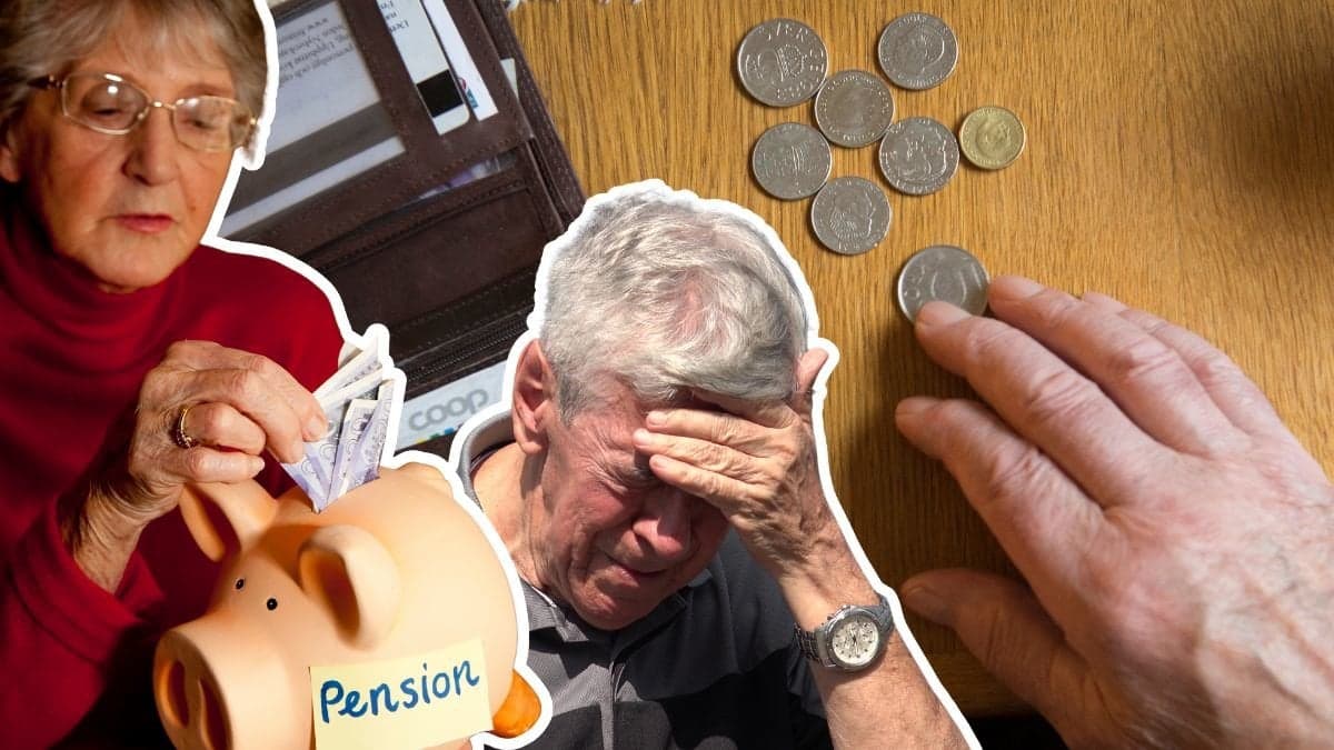 Mynt på ett bord. En kvinna med en spargris till pensionen och en ledsen man.