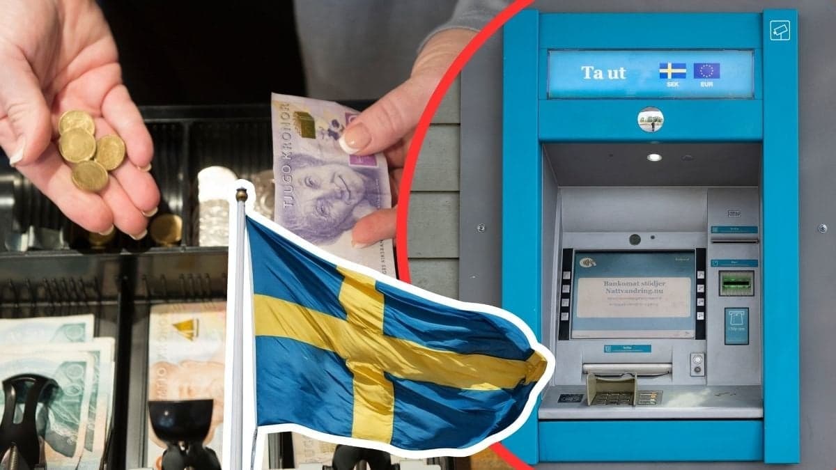 Kontant kassa, bankomat och svensk flagga