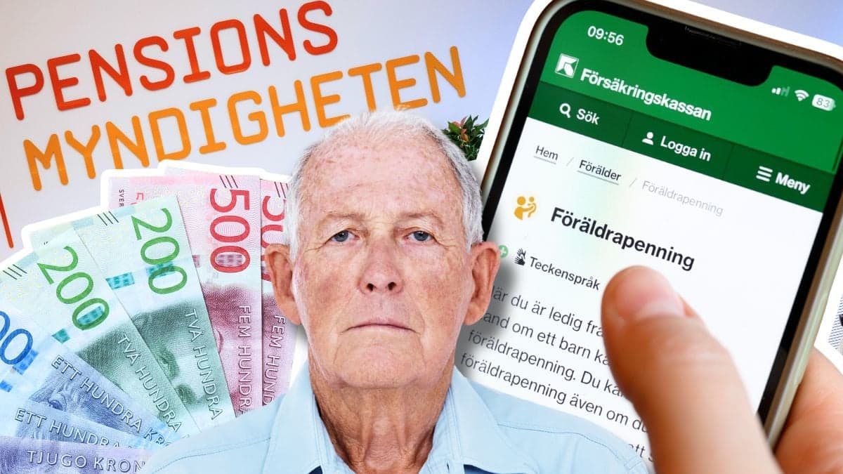 Svenska sedlar, Pensiomsyndighetens logga, Försäkringskassans app och en äldre man
