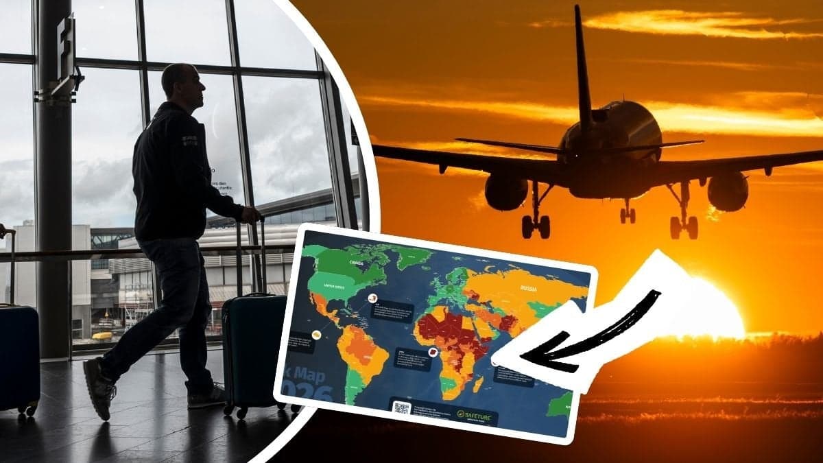 Man med resväska på flygplats, flygplan i solnedgång och riskkartan