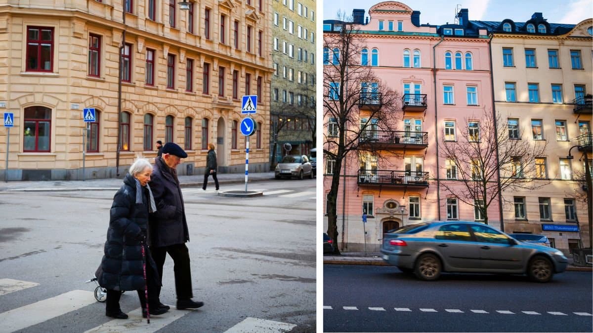 Ett äldre par pensionärer och bostadshus.