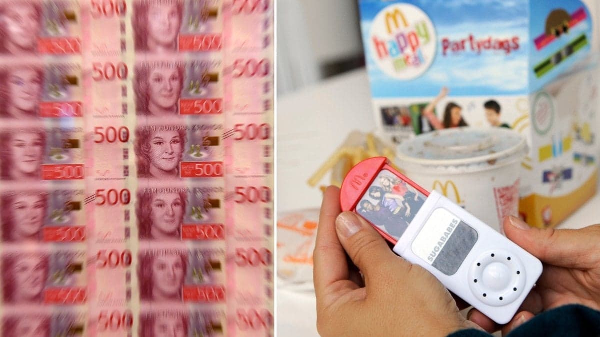 Bild på sedlar och en McDonalds-leksak.