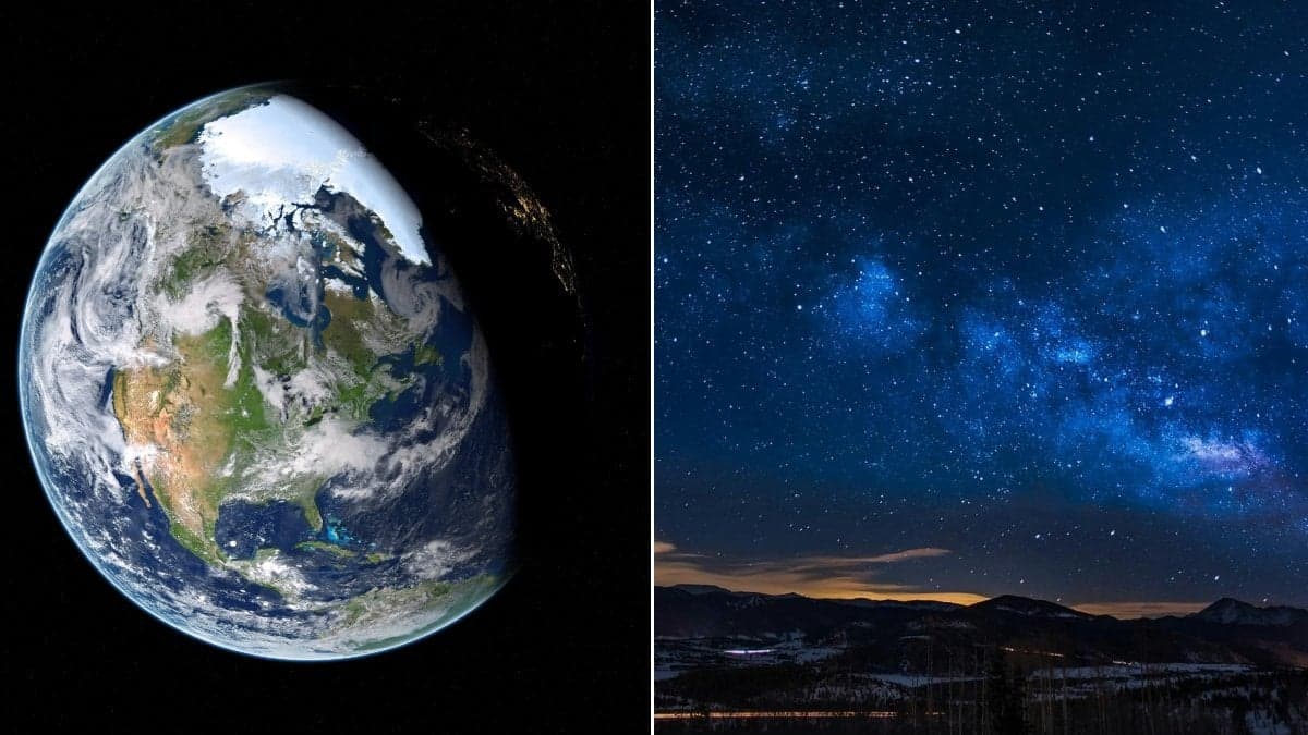Bilder på stjärnhimlen och jordklotet.