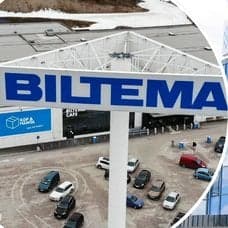 Bilder på Biltema-skyltar och en entré.