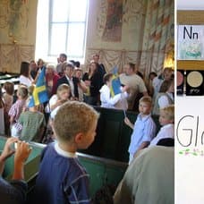 Barn i kyrka på skolavslutning och ett klassrum.