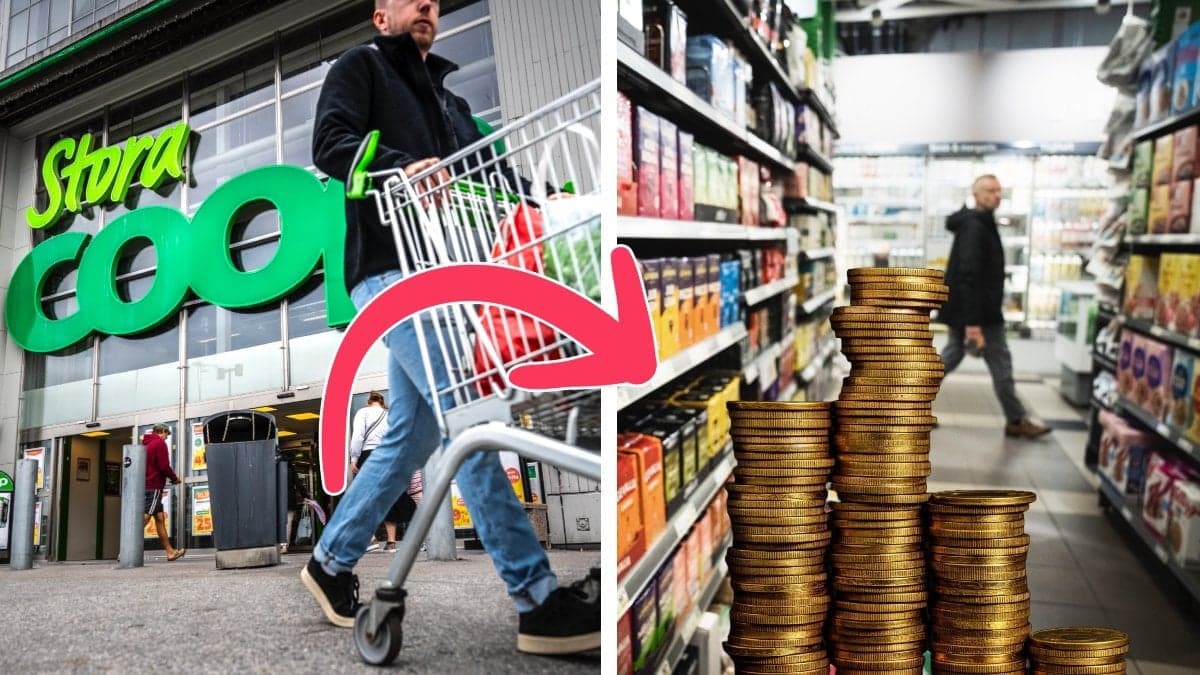 EN man utanför en coopbutik och en vägg fylld av kaffe.