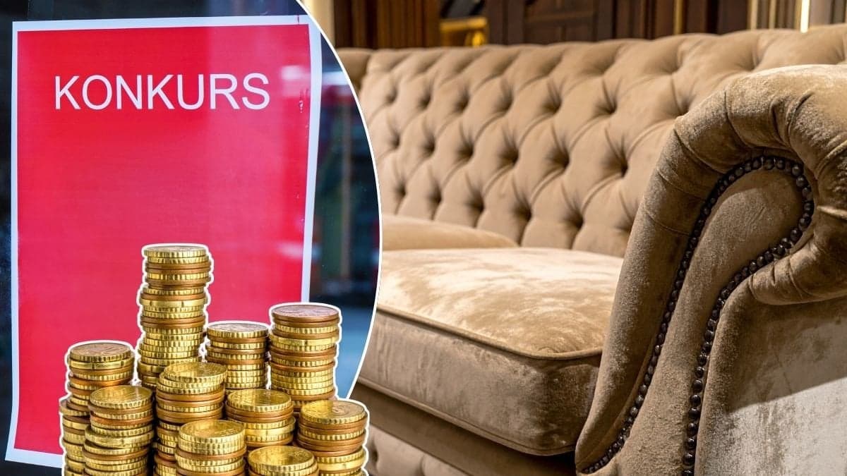 Bilder på en soffa och en konkurs-skylt.