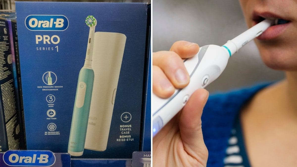 Bilder på en eltandborste och en Oral-B kartong.