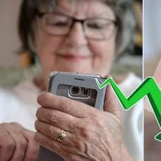 Kvinna med mobil, pengar och graf.