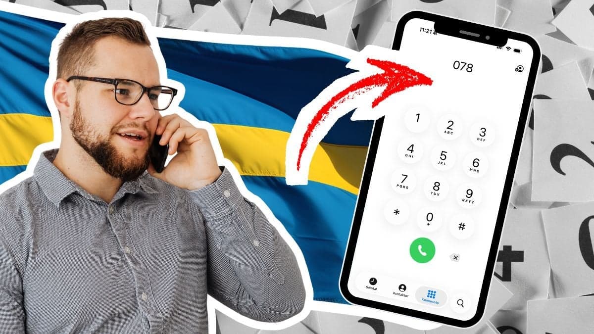 Man som pratar i telefon, Sverige-flagga och en mobiltelefon med knappsats