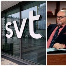 SVT:s logga på en glasfasad och Fredrik Lindström och Kristian Luuk i På Spåret
