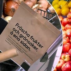 Bilder på äpplen och en fruktpåse.