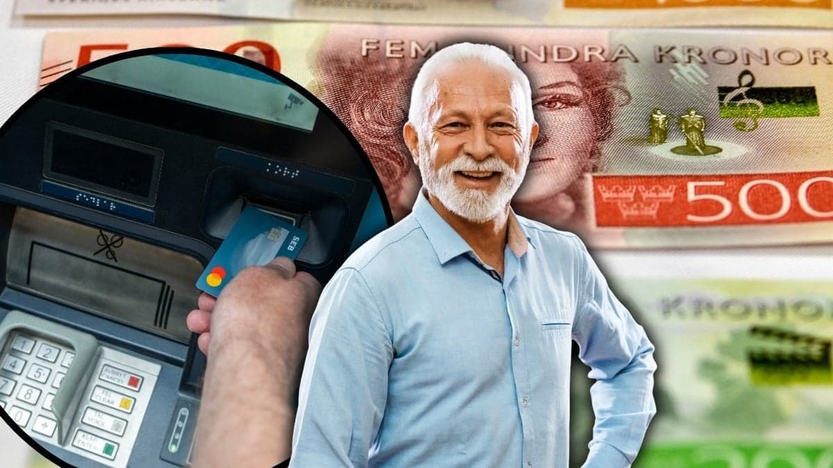 Kort i bankomat, pengar och glad man.