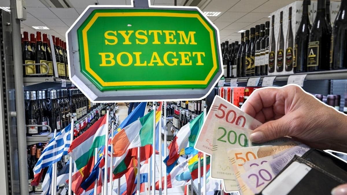 Systembolaget, Systembolagets skylt och en plånbok samt Europeiska flaggor.