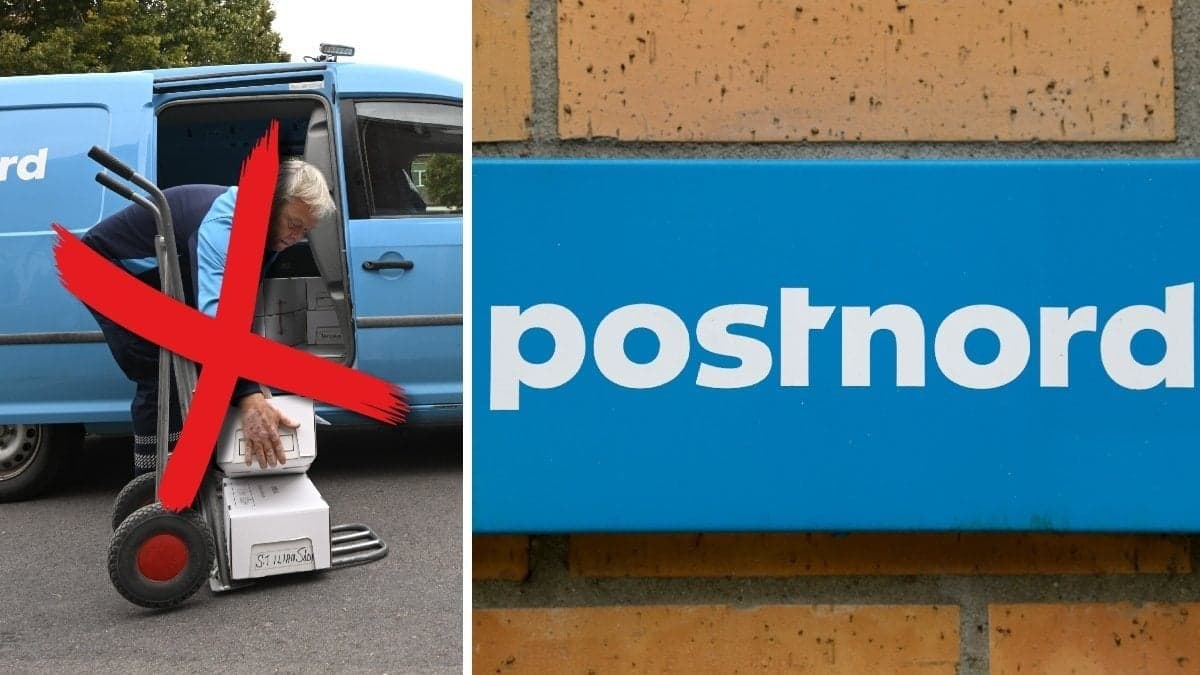 En Postnord-brevbärare delar ut paket och en Postnord-logotyp.