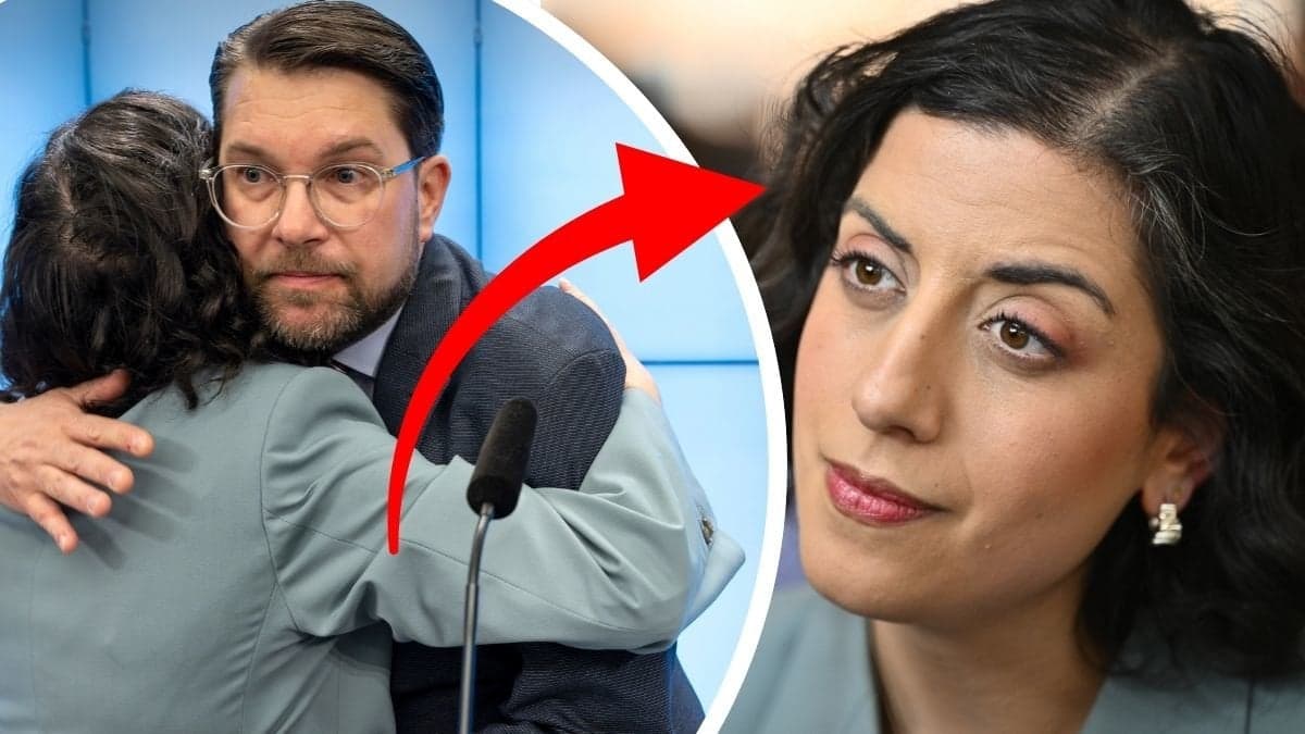 Kram mellan Simona Mohamsson och Jimmie Åkesson till vänster. Närbild Simona Mohamsson höger.