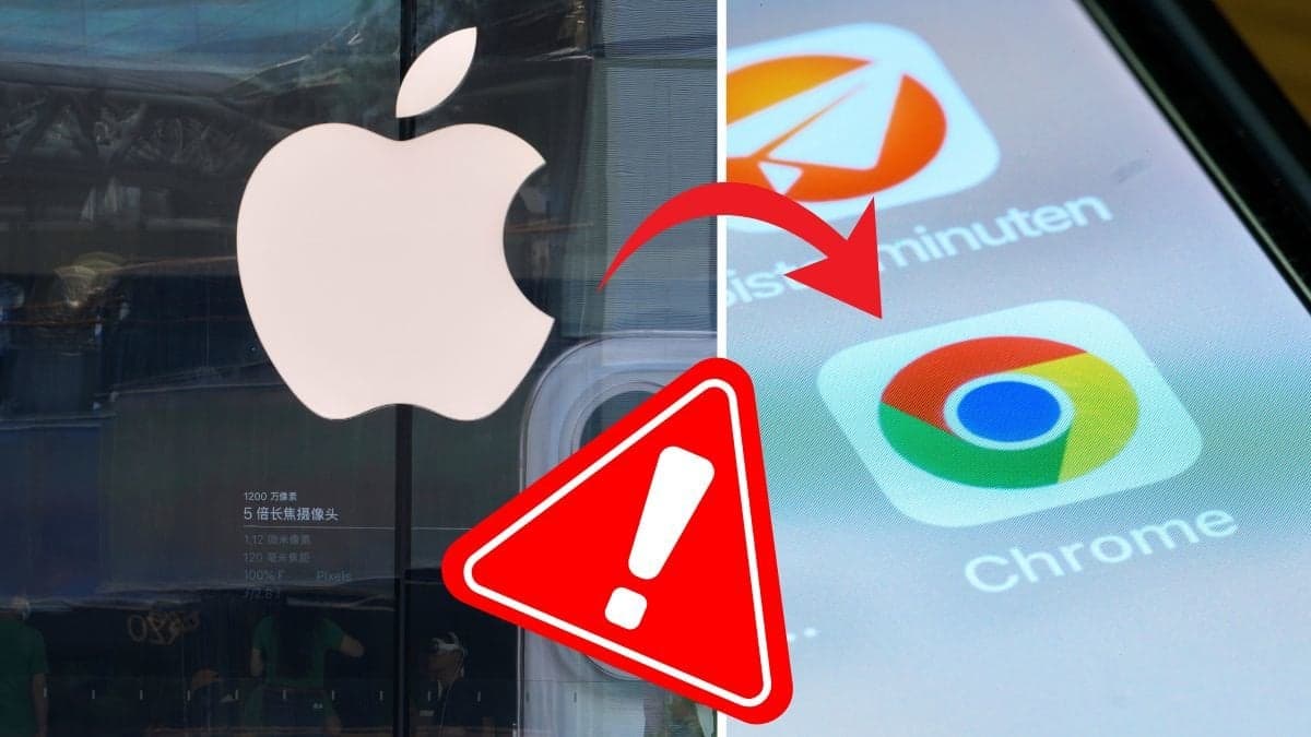 Apple-logga på ett fönster till vänster, google app på mobilskärm till höger. Varningskylt i mitten utklippt. En röd pil pekar på google-appen från Apple-loggan.