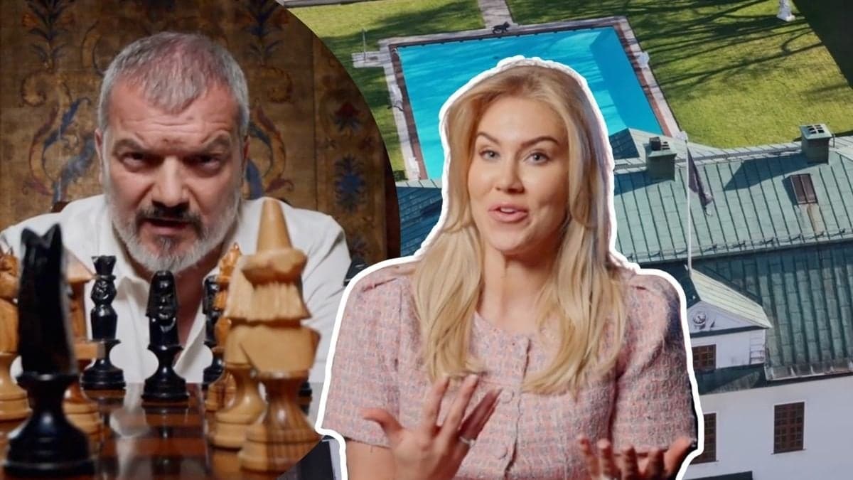 Dragomir Mrsic framför ett schackbräde, Isabella Löwengrip och Häringe slott. 