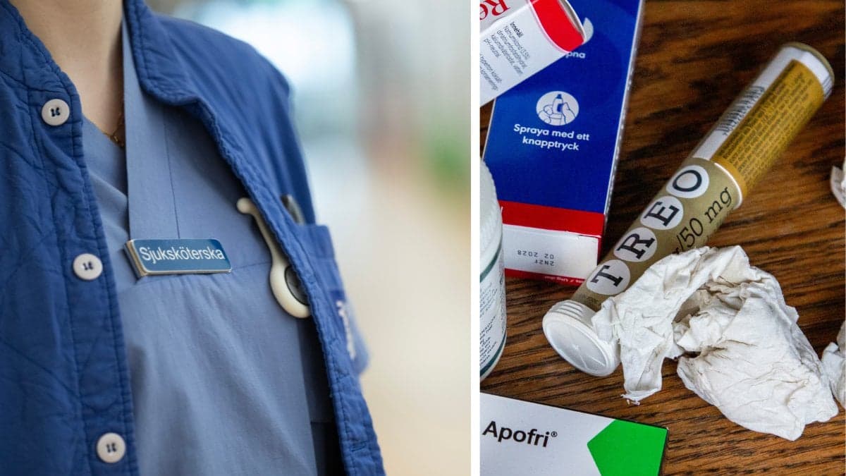 Sjuksköterska vänster, krykliga papper och mediciner höger.