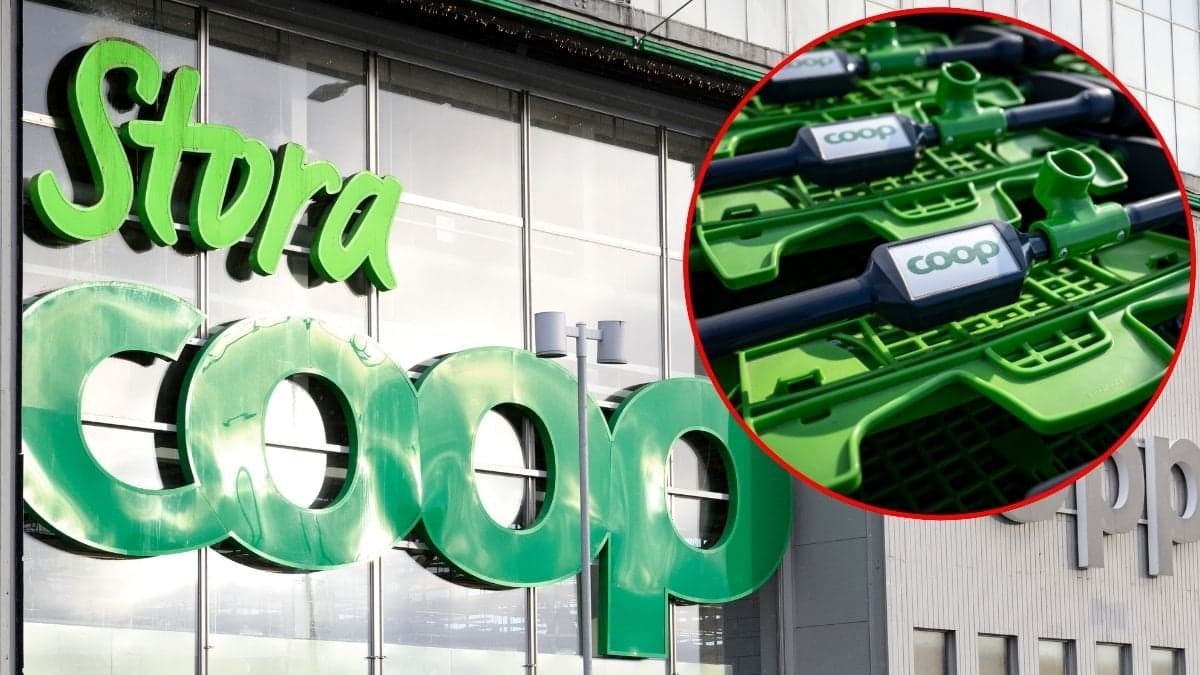 Bilder på en Stora Coop-entré och kundvagnar.