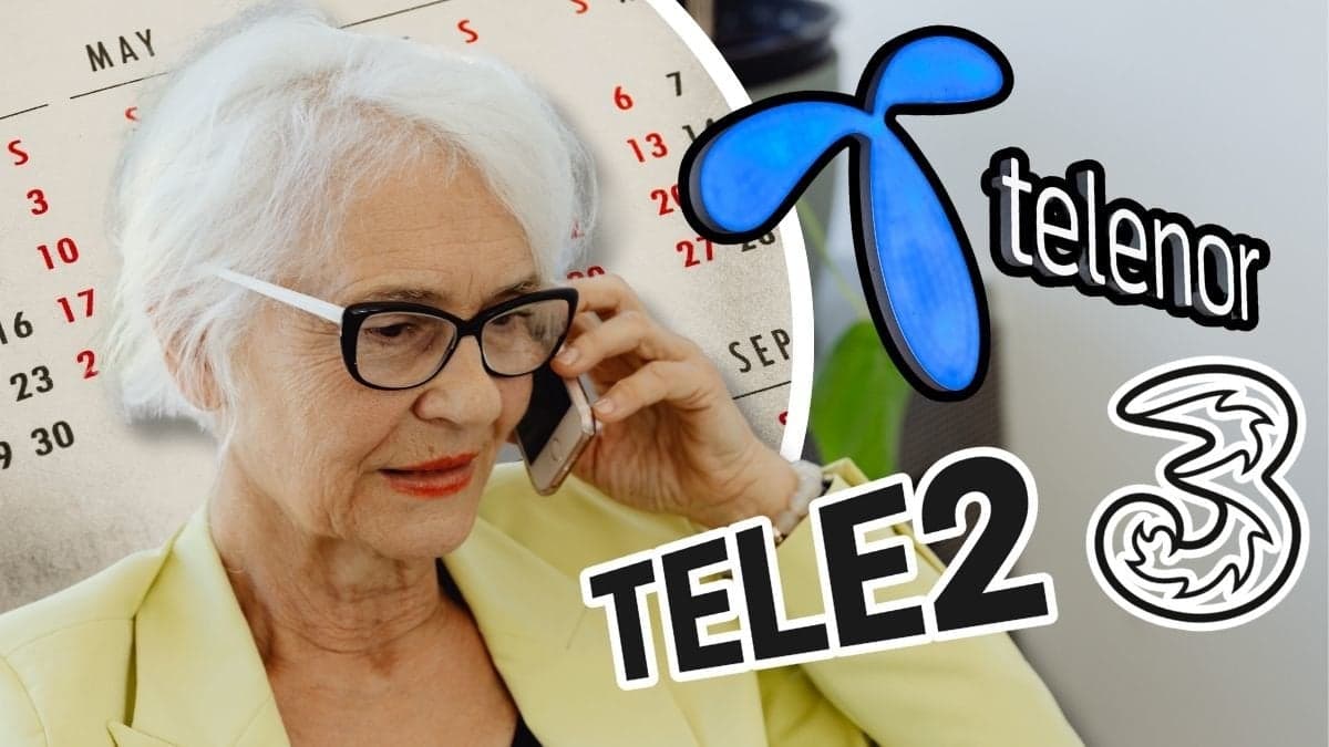 Äldre kvinna som pratar i mobiltelefon, en kalender och logotyper tillhörande Telenor, Tele2 och Tre.